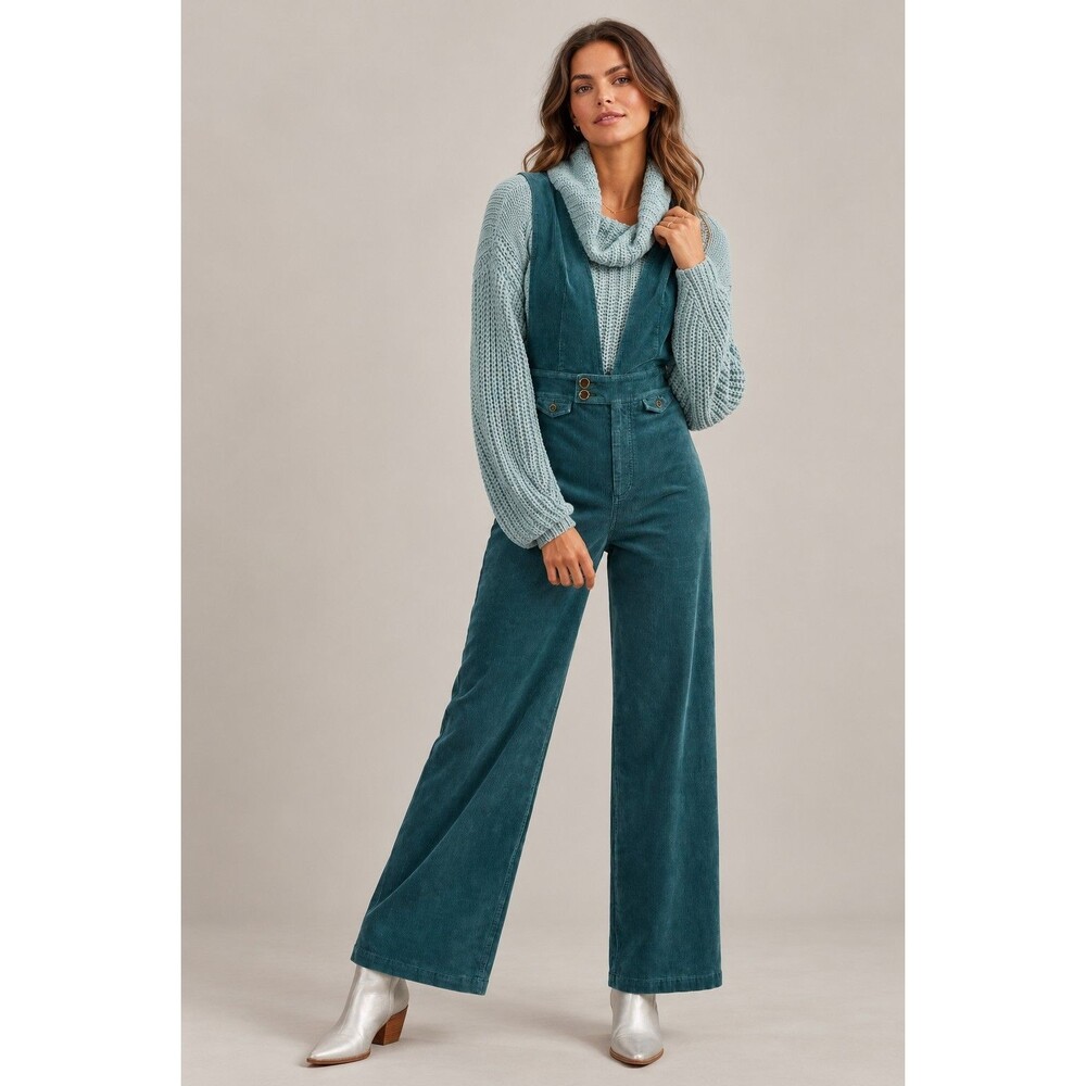 Pilcro Anthropologie Deep-V Corudoy Jumpsuit Green 28 Stretch Overalls Wide Leg